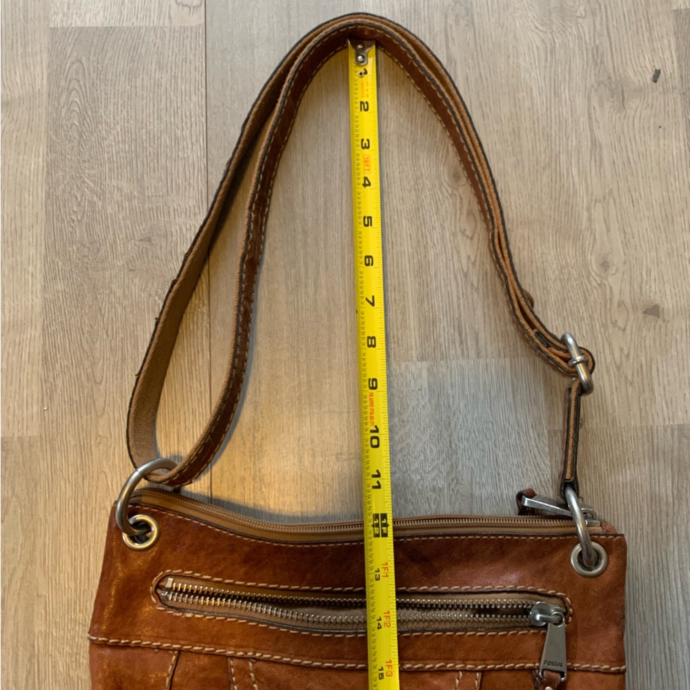 Fossil Brown Leather Long Strap Cross Body Bag Travel Adjustable Silver Tone Zip - Picture 5 of 16